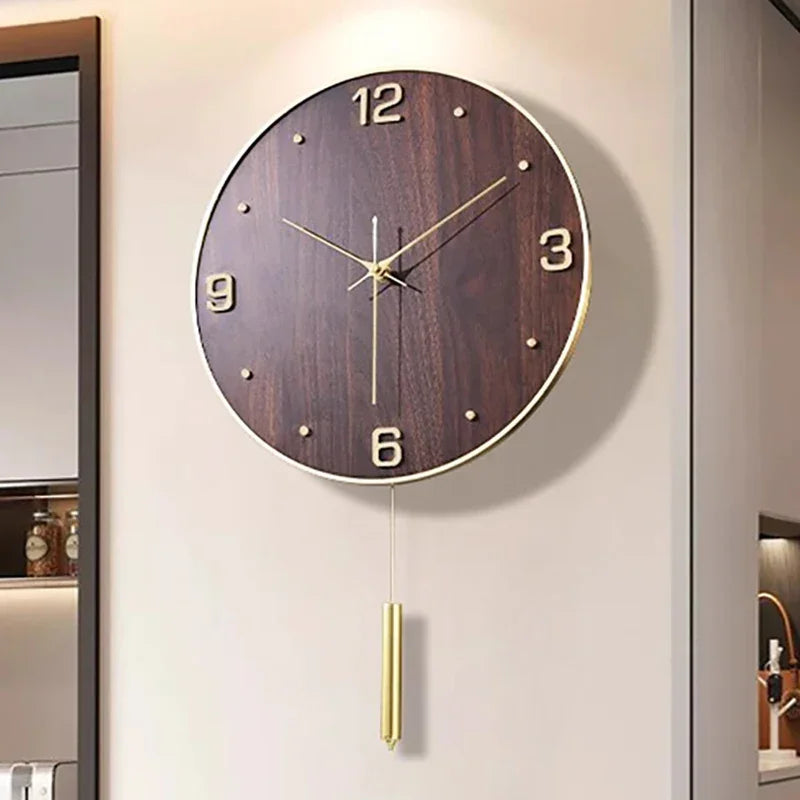 Relógio de Parede Silencioso Cobre com Pêndulo Lenogue Madeira Escura