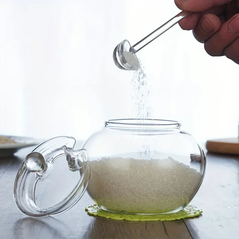 Açucareiro de Vidro Transparente com Tampa e Colher Lenogue