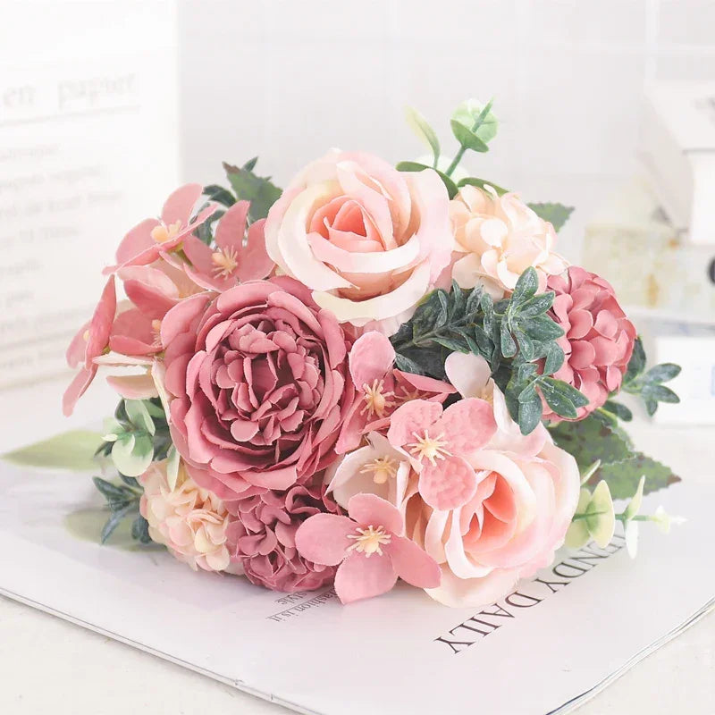 Arranjo Floral Artificial com Rosas e Peônias para Decoração Lenogue Rosa