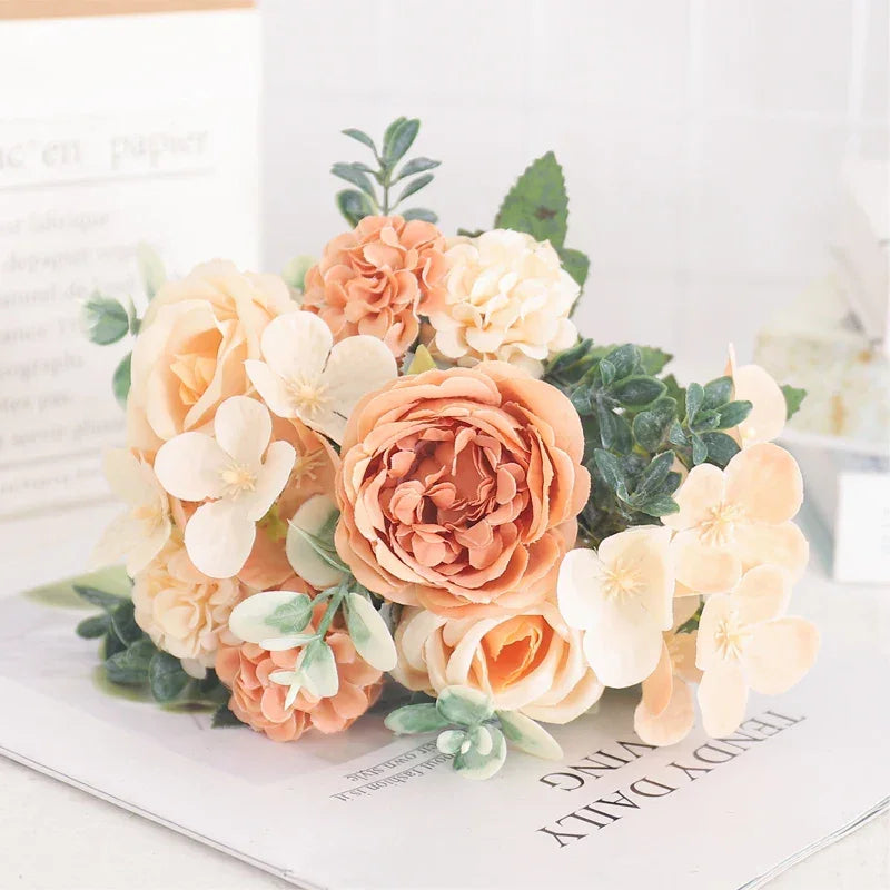 Arranjo Floral Artificial com Rosas e Peônias para Decoração Lenogue Amarelo