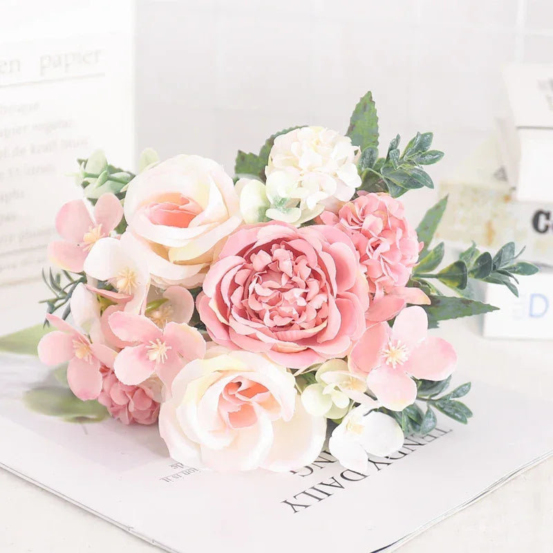 Arranjo Floral Artificial com Rosas e Peônias para Decoração Lenogue Bege
