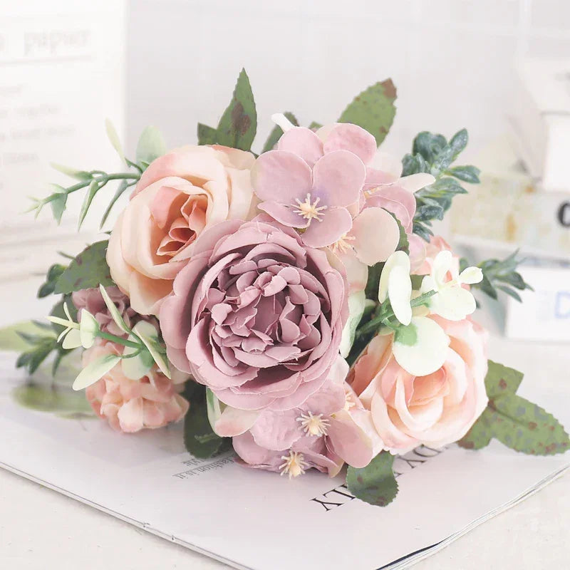 Arranjo Floral Artificial com Rosas e Peônias para Decoração Lenogue Roxo