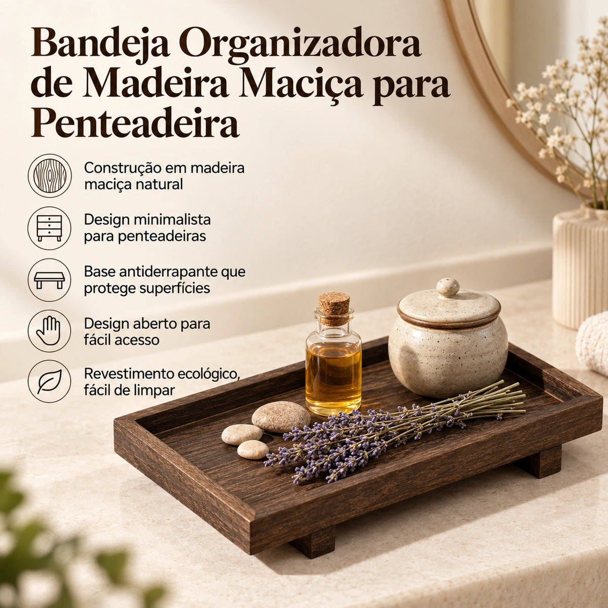Bandeja de Madeira Maciça Sérénité Base Antiderrapante Lenogue