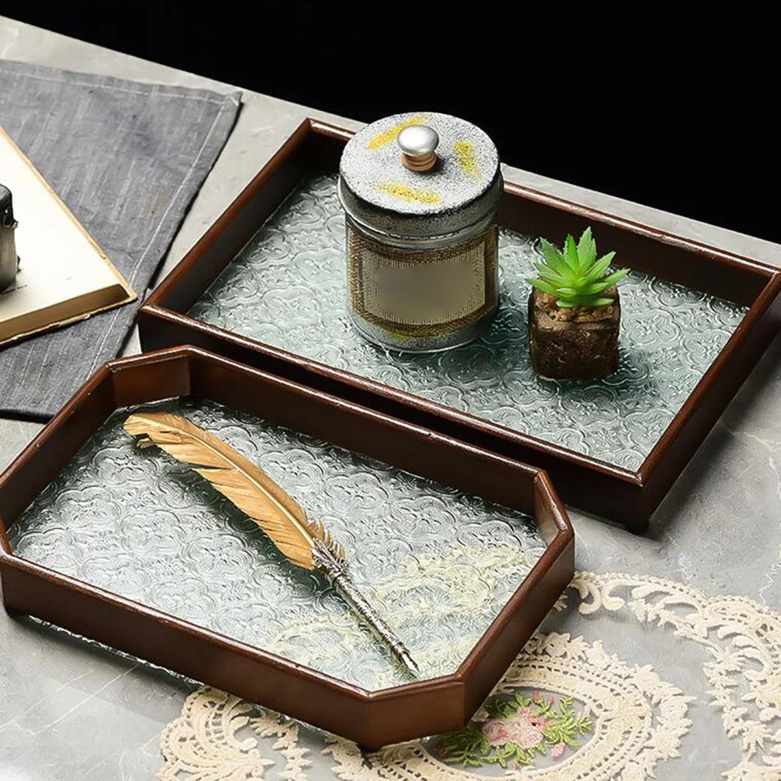 Bandeja Organizador de Vidro com Base Floral para Copos e Lanches Lenogue