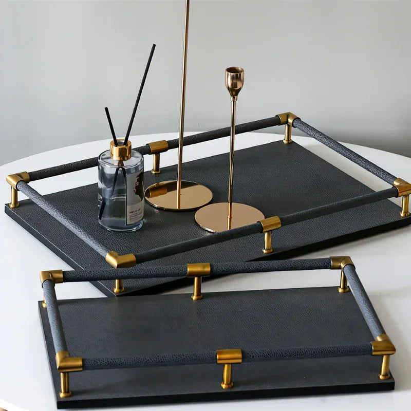 Bandeja Organizadora de Couro com Alças Metálicas Lenogue Preto / p (44 x 26 6.5cm)