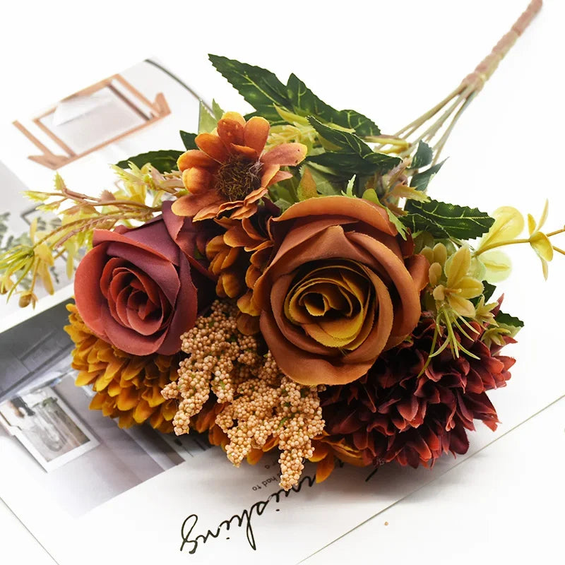 Buquê de Rosas Artificiais Estilo Europeu para Vasos e Decoração Lenogue Laranja