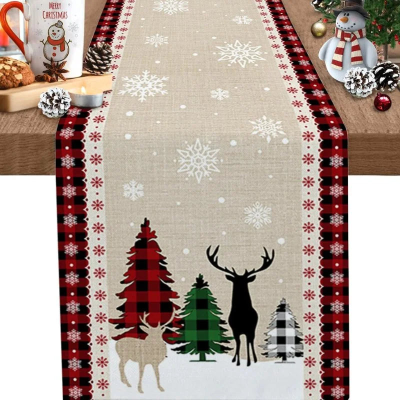 Caminho de Mesa Natalino em Algodão para Decoração Lenogue Bege (rena Natal) / 150 x 33 Cm