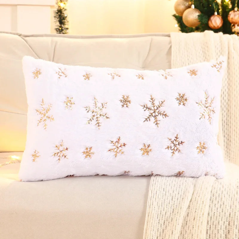 Capa de Almofada Natalina Plush com Paetê Dourado Bordado Lenogue