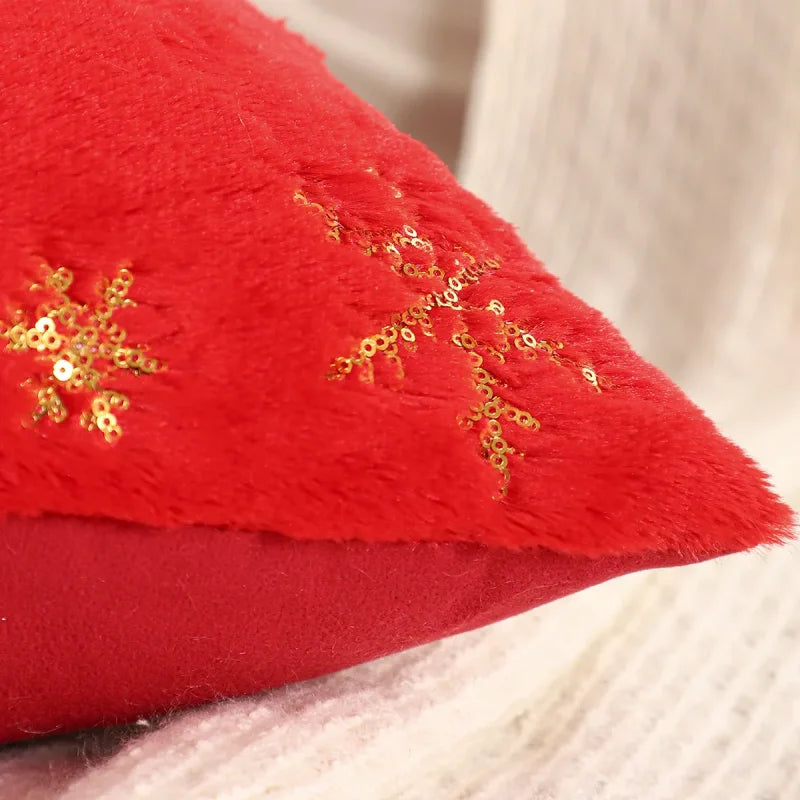 Capa de Almofada Natalina Plush com Paetê Dourado Bordado Lenogue