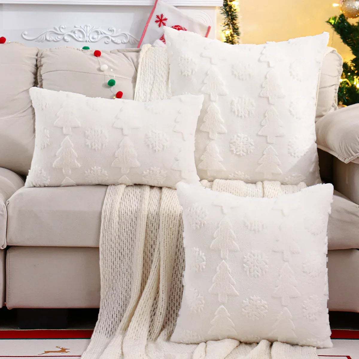 Capa de Almofada Natalina Plush Jacquard Floco Neve Lenogue