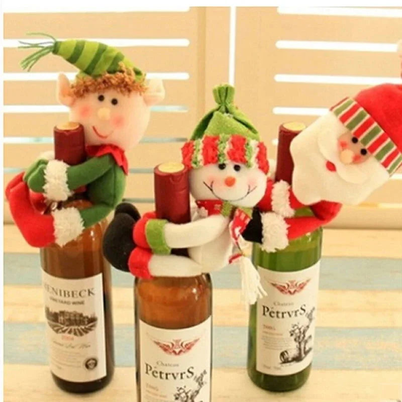 Capa de Garrafa de Vinho com Papai Noel e Boneco de Neve Lenogue