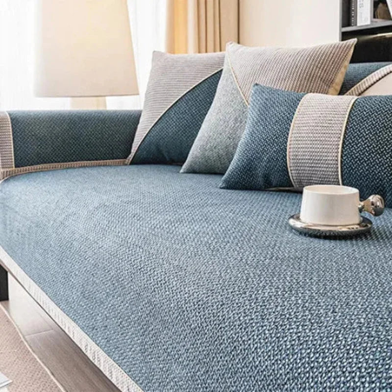 Capa de Sofá Antiderrapante em Algodão e Linho Azul Escuro Lenogue