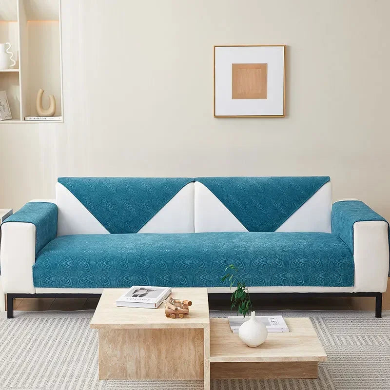 Capa de Sofá Chenille Jacquard Azul Antiderrapante com Relevo Lenogue