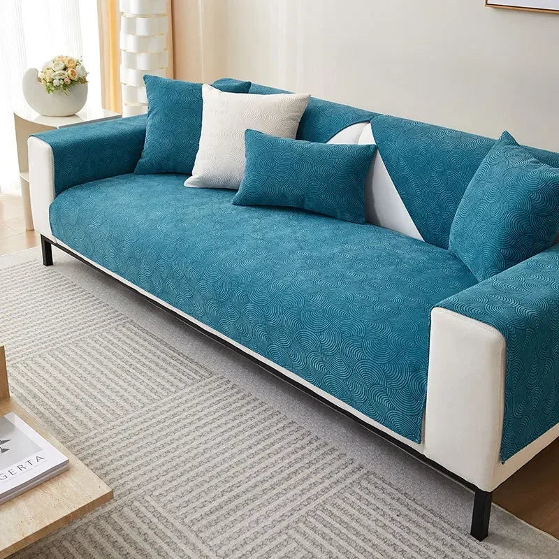 Capa de Sofá Chenille Jacquard Azul Antiderrapante com Relevo Lenogue