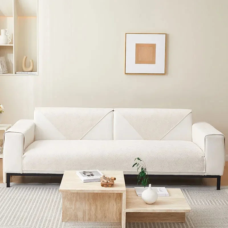 Capa de Sofá Chenille Jacquard Bege Antiderrapante com Relevo Lenogue