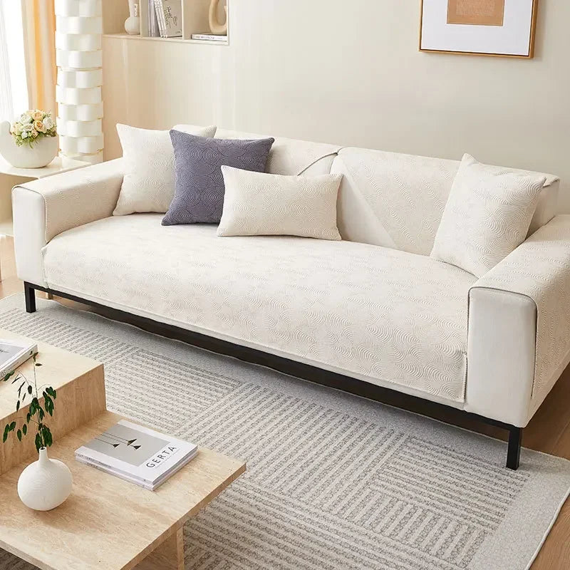 Capa de Sofá Chenille Jacquard Bege Antiderrapante com Relevo Lenogue