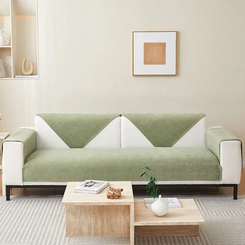 Capa de Sofá Chenille Jacquard Verde Antiderrapante com Relevo Lenogue