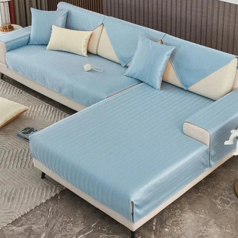 Capa de Sofá Seda Ice Azul com Base Antiderrapante e Matelassê Lenogue