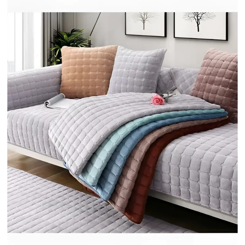 Capa de Sofá Veludo Xadrez Pelúcia Antiderrapante Espessada Cinza Lenogue