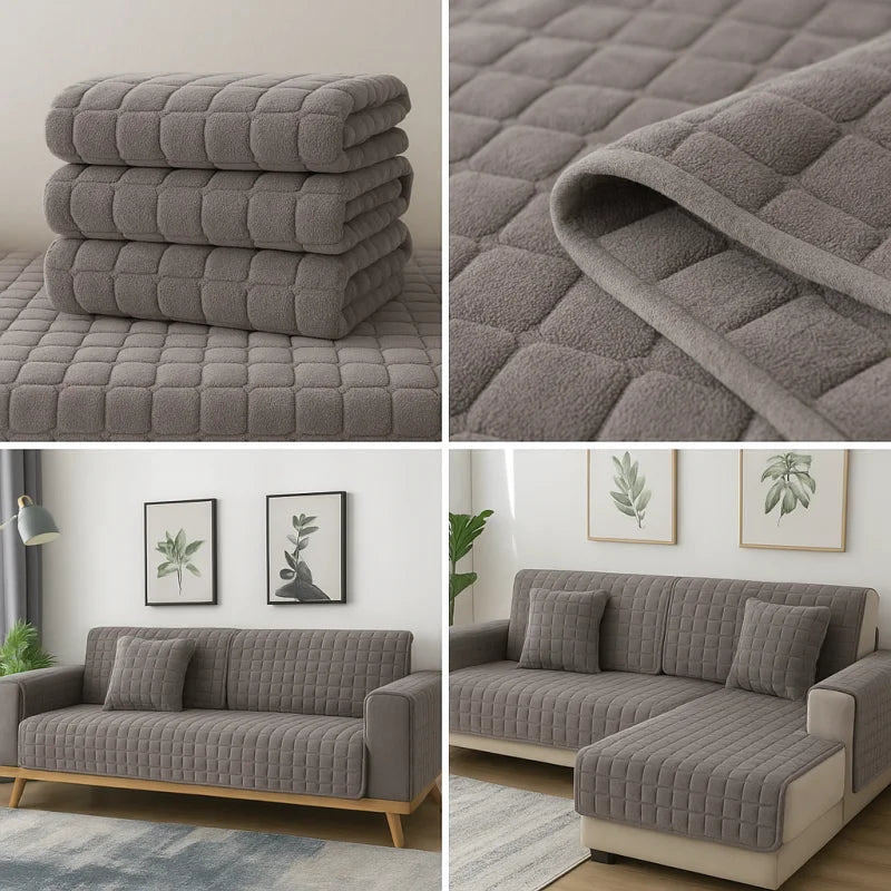 Capa de Sofá Veludo Xadrez Pelúcia Antiderrapante Espessada Cinza Lenogue