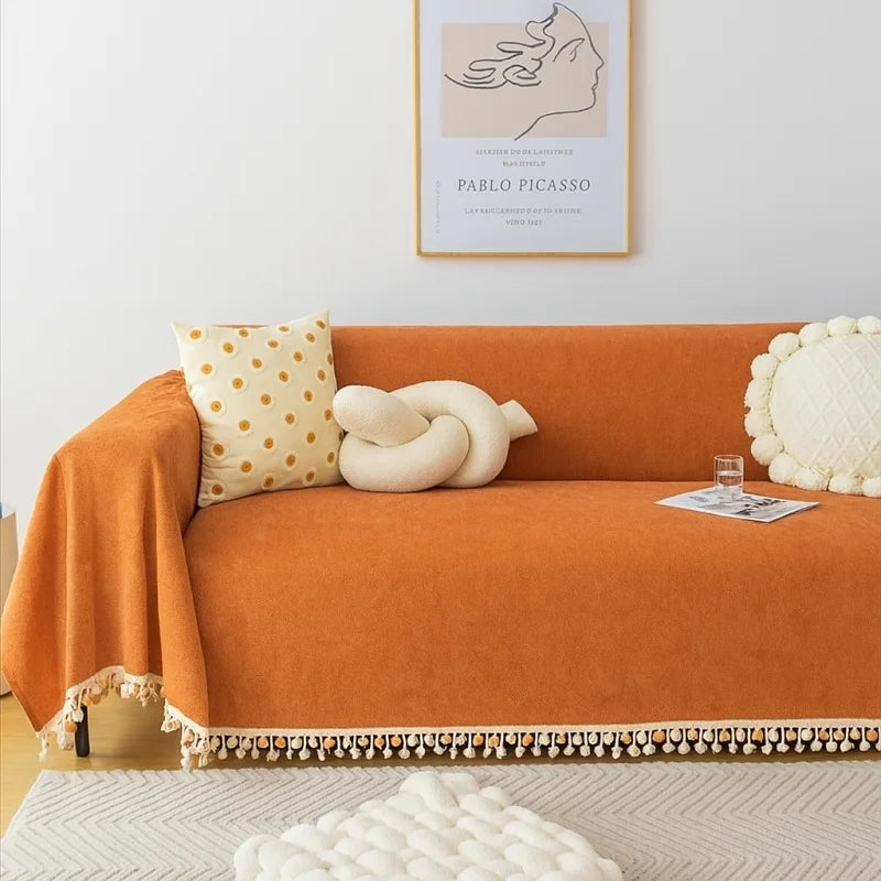 Capa para Sofá Laranja Chenille Chevron Universal com Cobertura Total Lenogue