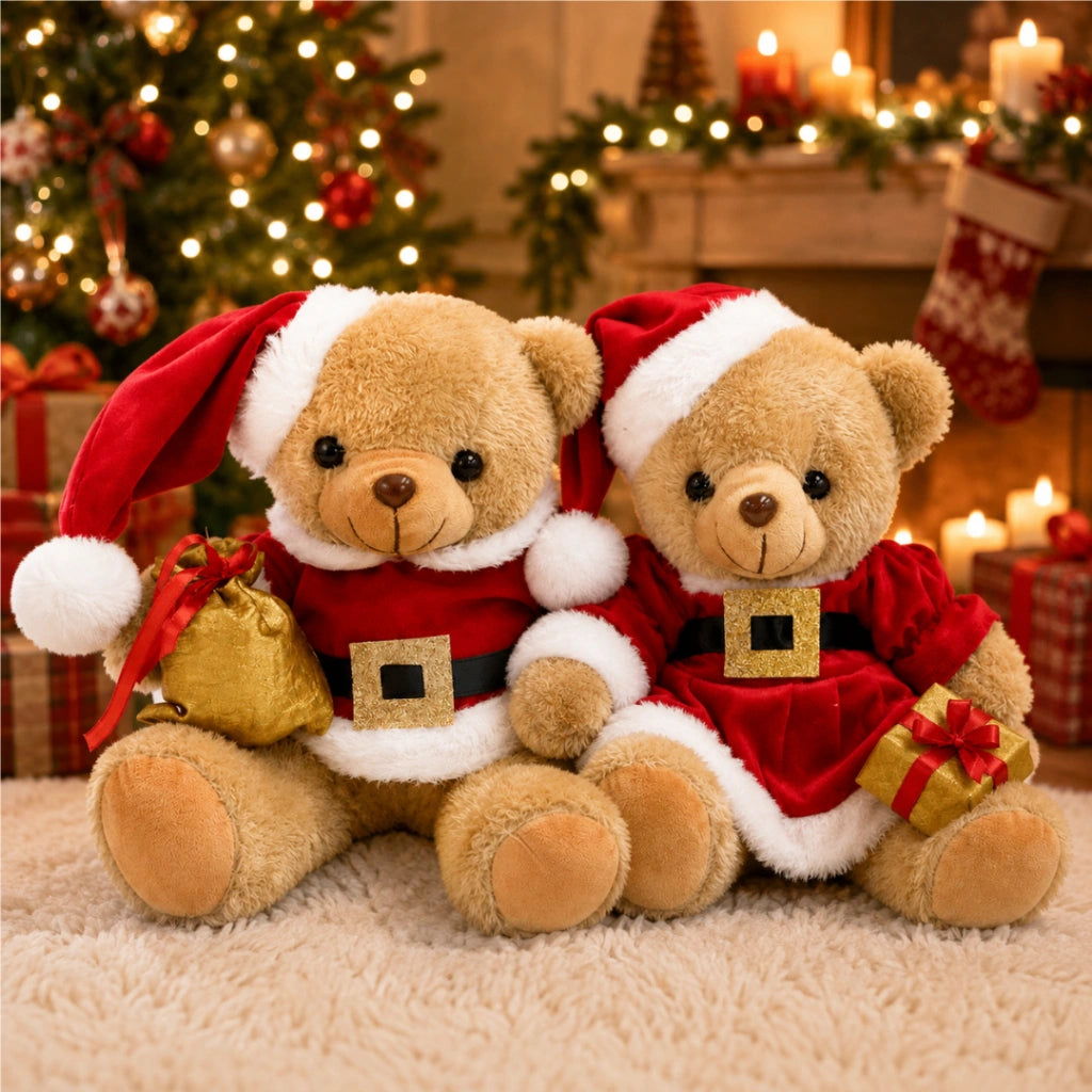 Casal Ursos Natalinos Douceur Roupa Papai Noel Base Estável Lenogue Marrom