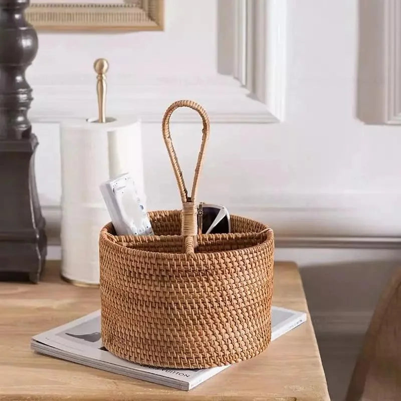 Cesta de Armazenamento em Vime Rattan Feita à Mão para Organização Lenogue Redondo com Alça