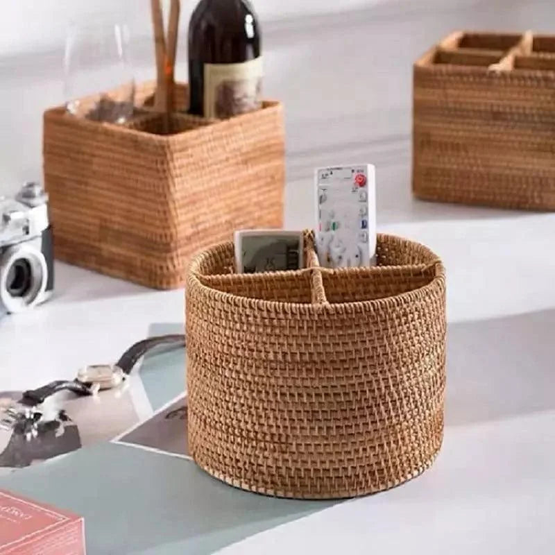 Cesta de Armazenamento em Vime Rattan Feita à Mão para Organização Lenogue Redondo