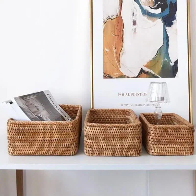 Cesto Organizador de Palha Rattan Feito à Mão para Decoração Natural Lenogue