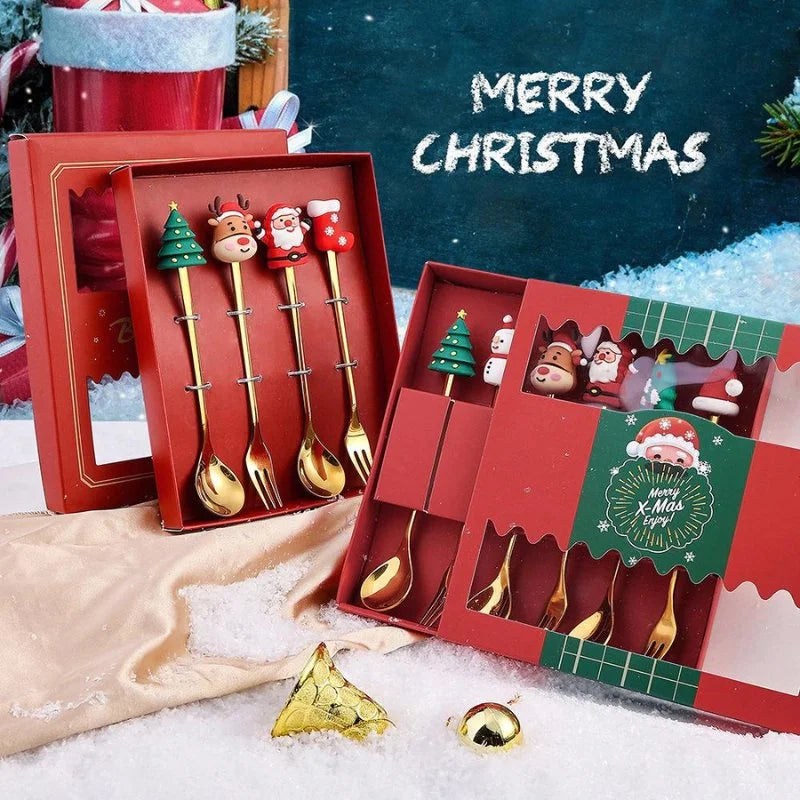 Conjunto de Talheres Inox Decorativos para Mesa Natal 4 Peças Lenogue