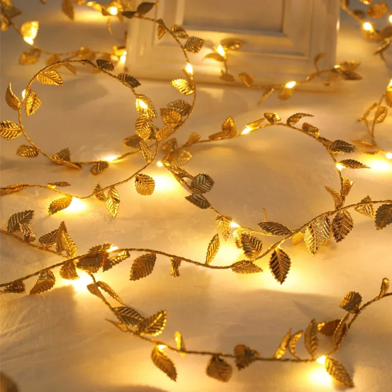 Cordão de Luzes Led Decorativo com Folhas Douradas Lenogue Dourado