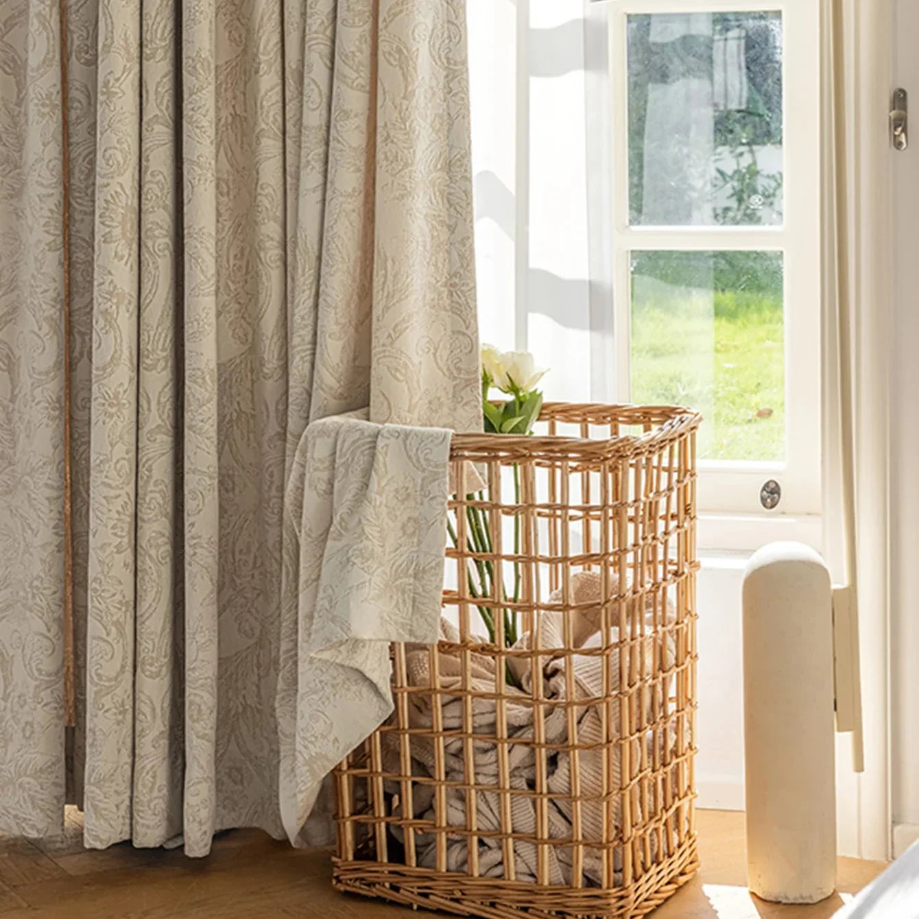 Cortina Blackout Jacquard Chenille com Redução de Ruído Bege Lenogue