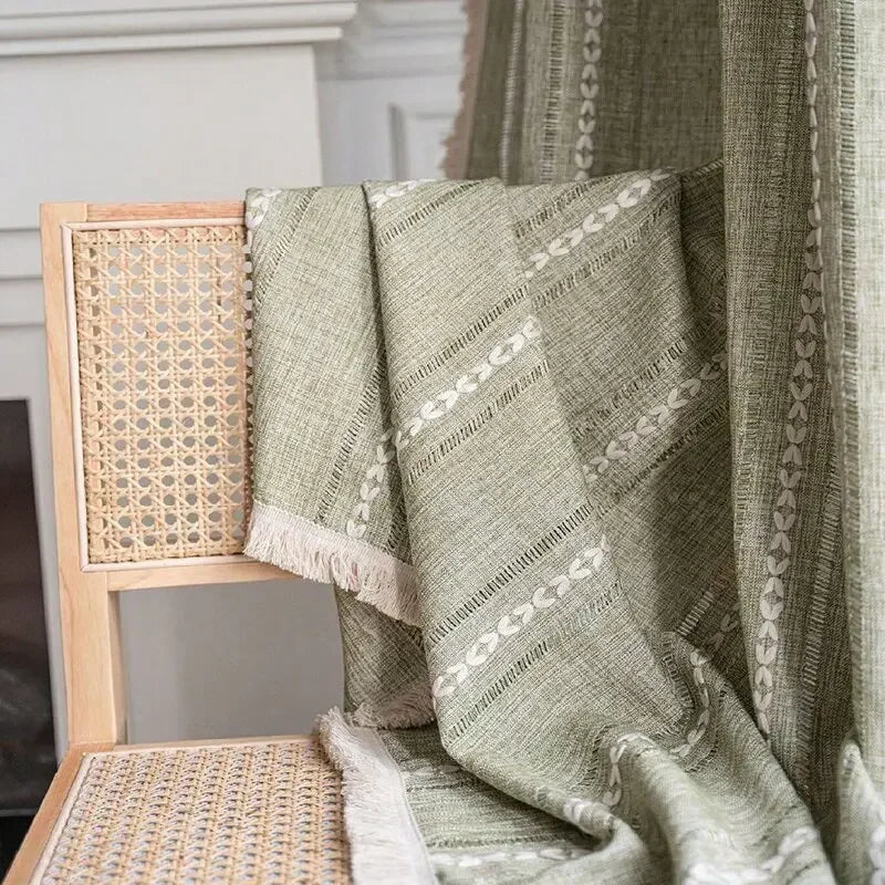Cortina Verde Sage com Textura e Tassel para Quarto Sala Lenogue Caqui / 140 x 120 Cm