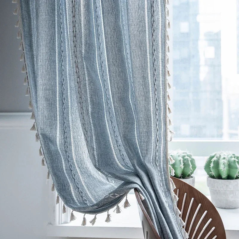 Cortina Verde Sage com Textura e Tassel para Quarto Sala Lenogue Azul / 140 x 120 Cm
