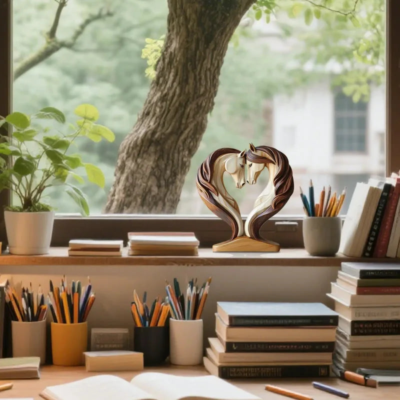 Escultura Cavalo em Madeira Maciça Entalhe Artesanal Lenogue Bege