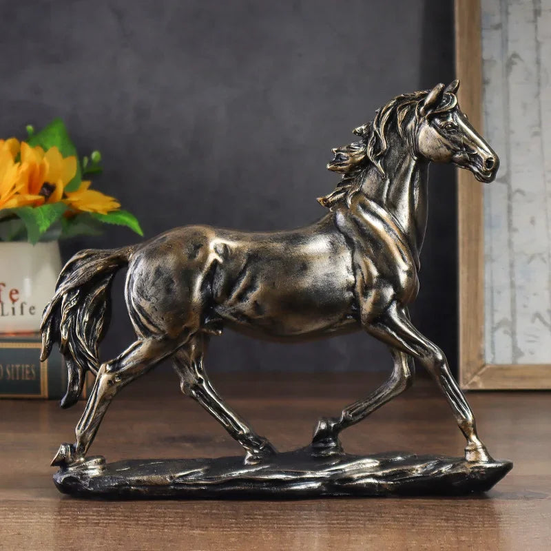 Escultura Cavalo em Resina Estilo Chinês Pose Galope Lenogue Bronze