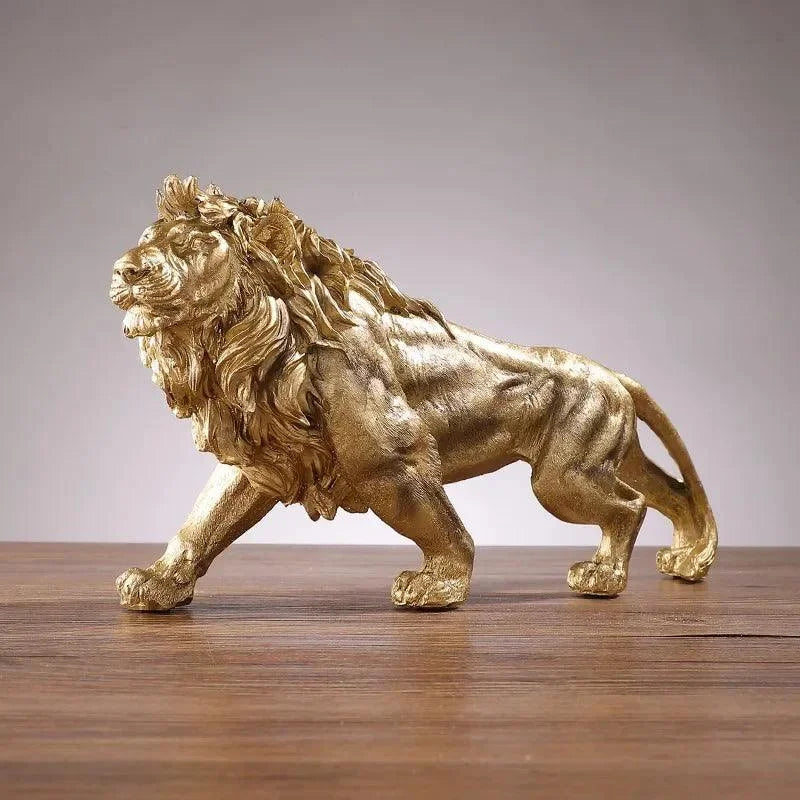 Estátua de Leão Dourado em Resina para Decoração Lenogue