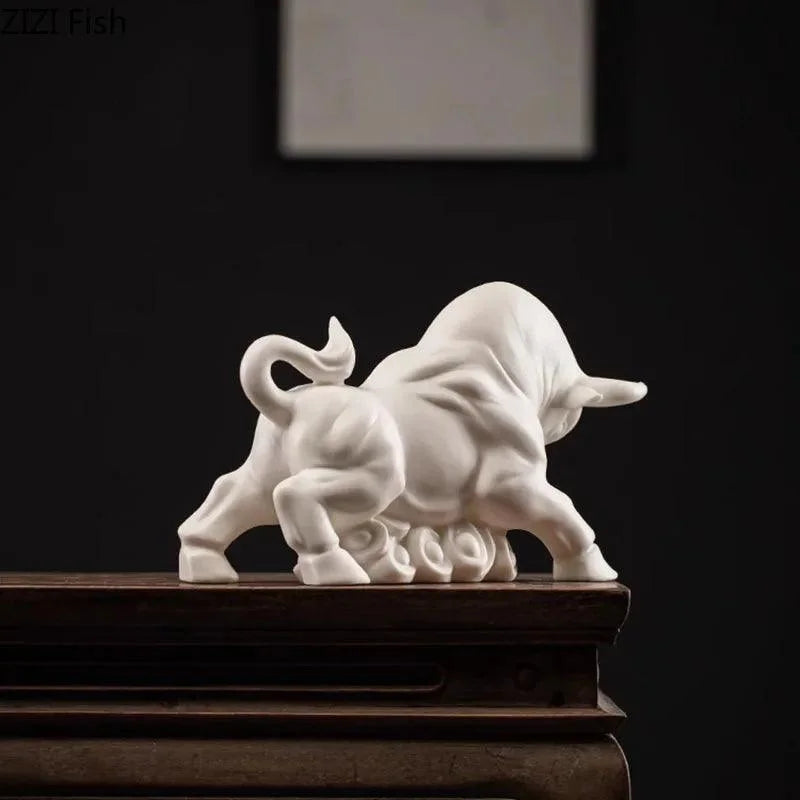 Estatueta de Touro Dourado Decorativa Simbolo Riqueza para Sala Lenogue Branco