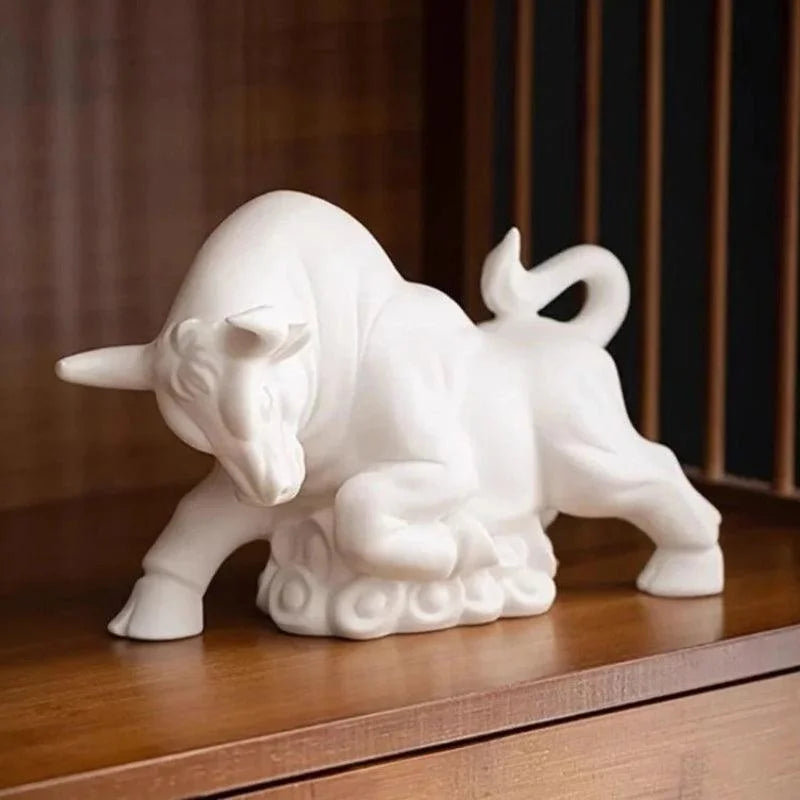 Estatueta de Touro Dourado Decorativa Simbolo Riqueza para Sala Lenogue Branco