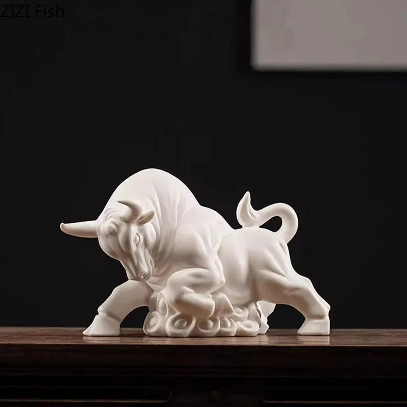 Estatueta de Touro Dourado Decorativa Simbolo Riqueza para Sala Lenogue Branco