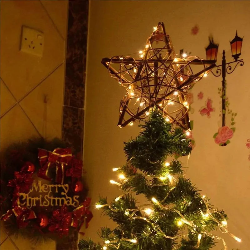 Estrela Led Rústica para Topo de árvore Natal Decorativa Lenogue Madeira / 25 Cm