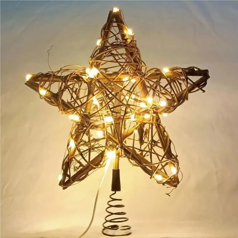 Estrela Led Rústica para Topo de árvore Natal Decorativa Lenogue Madeira / 25 Cm