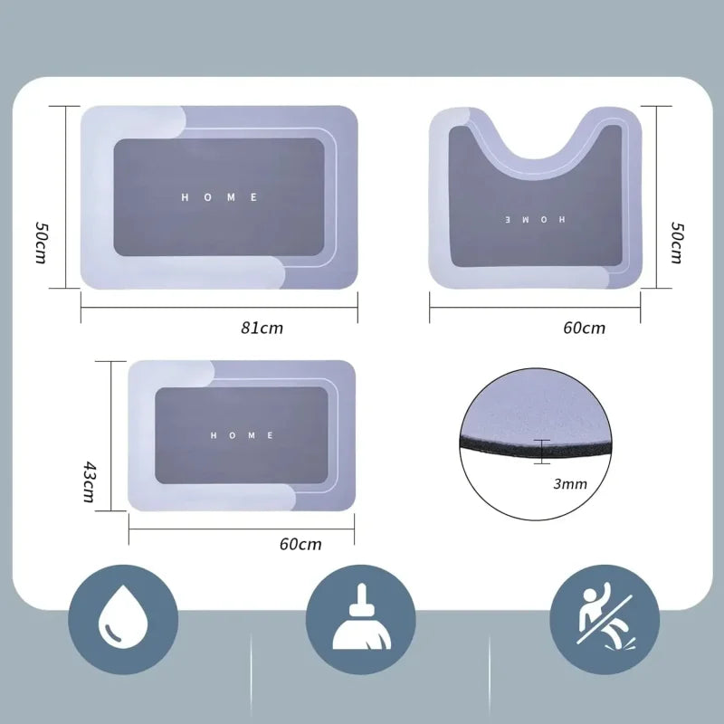 Kit 3 Tapetes de Banheiro em Diatomita Antiderrapante Lenogue