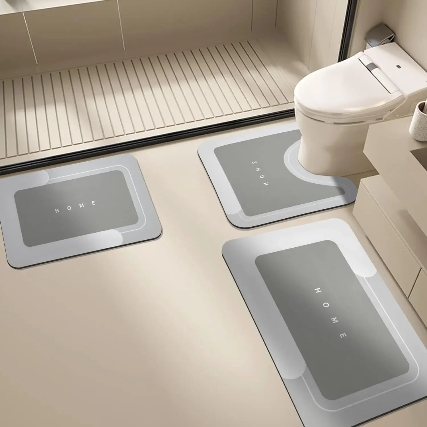 Kit 3 Tapetes de Banheiro em Diatomita Antiderrapante Lenogue Cinza Claro