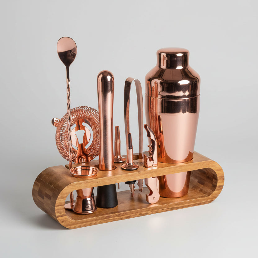Kit Bartender 10 Peças de Aço Inox com Suporte Bambu Lenogue Rosa