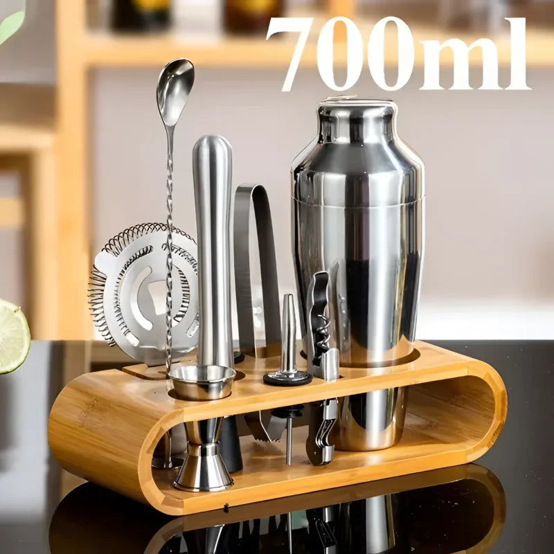 Kit Bartender 10 Peças de Aço Inox com Suporte Bambu Lenogue