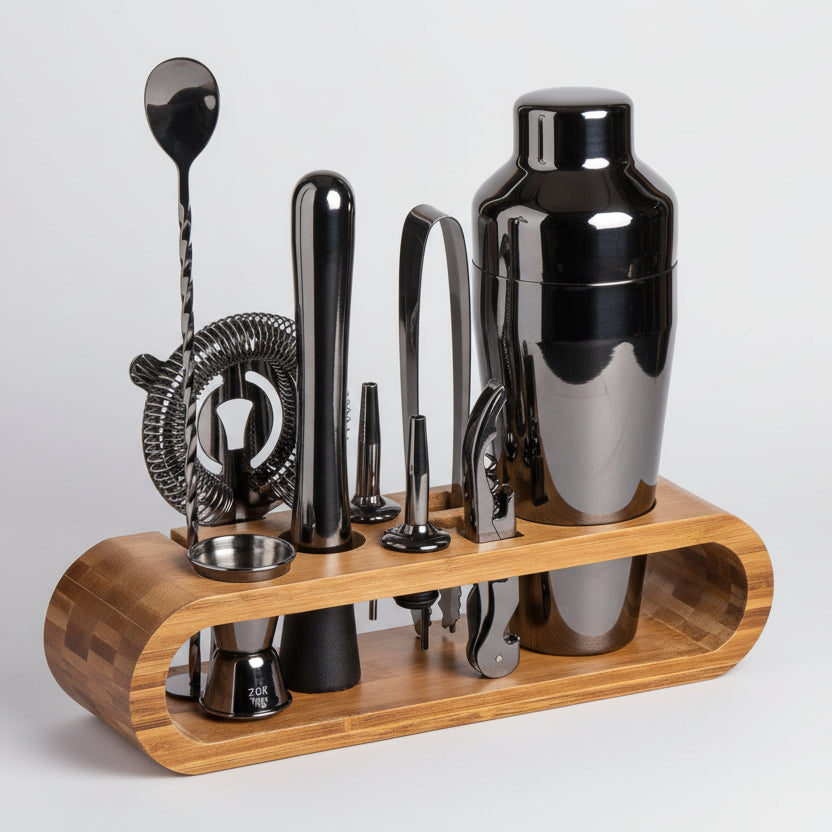 Kit Bartender 10 Peças de Aço Inox com Suporte Bambu Lenogue Preto