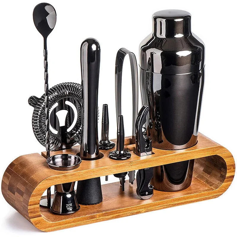 Kit Bartender 10 Peças de Aço Inox com Suporte Bambu Lenogue Preto