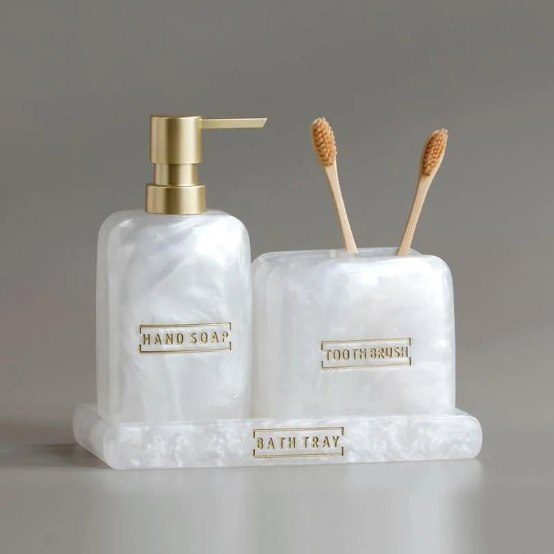 Kit para Banheiro Resina Dourado com Dispenser e Porta Escova 3 Peças Lenogue