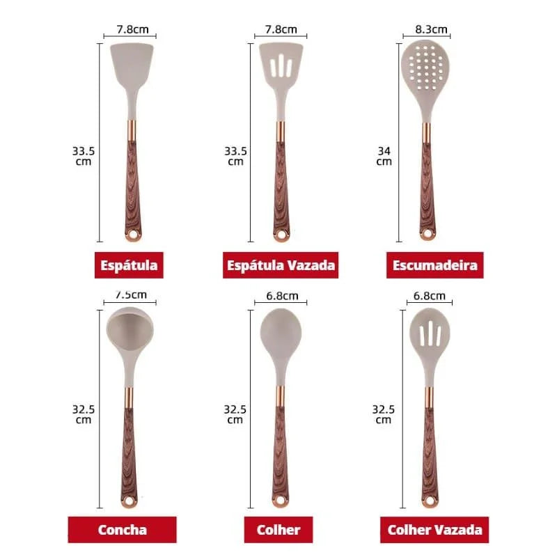 Kit Utensílios de Cozinha 10 Peças em Silicone Rosé com Organizador Lenogue
